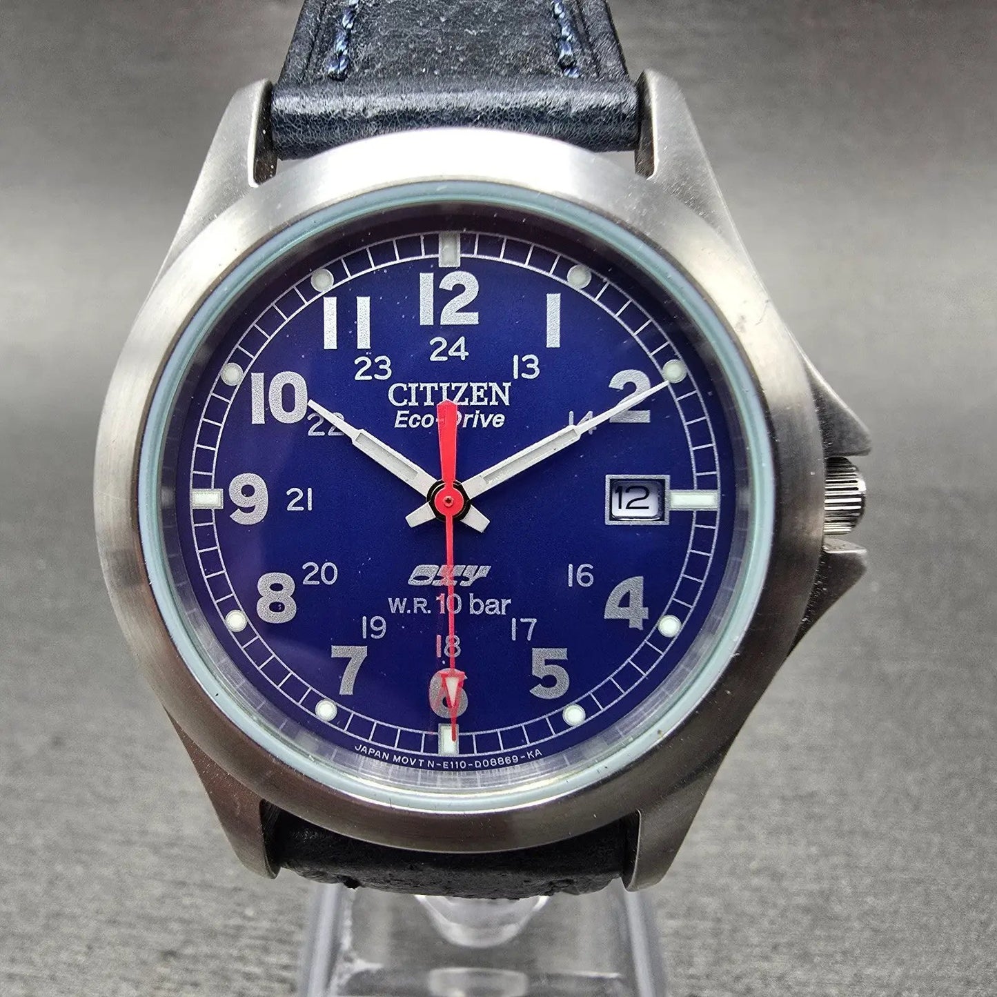 Citizen Eco-Drive Oxy Watch Men 36mm Blue Dial Silver Tone Date E110-S92685 Runs0