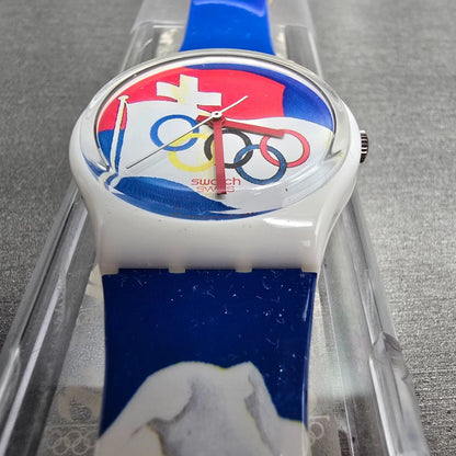 Swatch St. Moritz 1928 Watch Men 34mm Blue Dial White Case GZ134 New Battery NOS4
