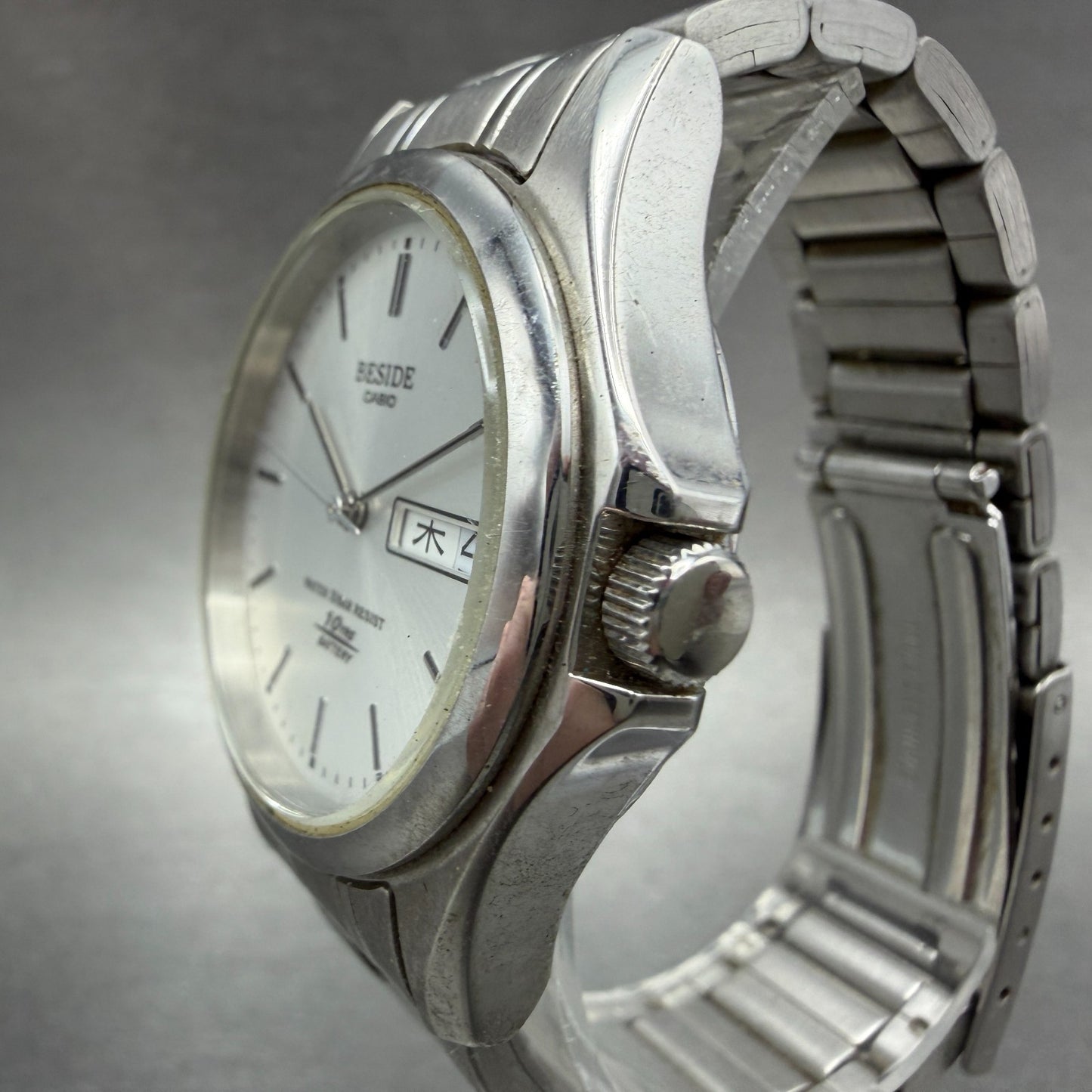 Casio Beside Watch Men 35mm Silver Dial Steel Daydate Round BES-105 New BatteryA2