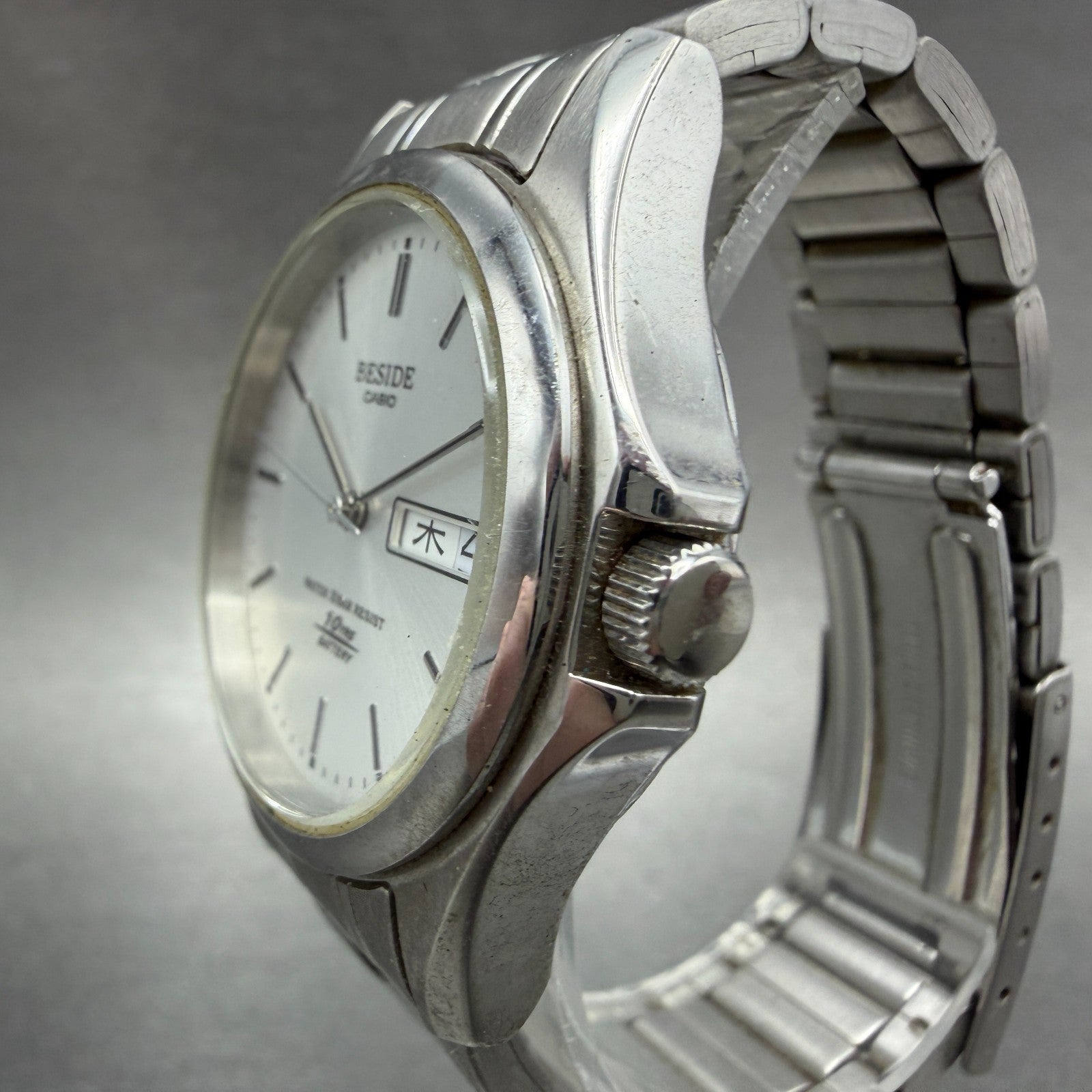 Casio Beside Watch Men 35mm Silver Dial Steel Daydate Round BES-105 New BatteryA2
