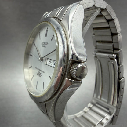 Casio Beside Watch Men 35mm Silver Dial Steel Daydate Round BES-105 New BatteryA2