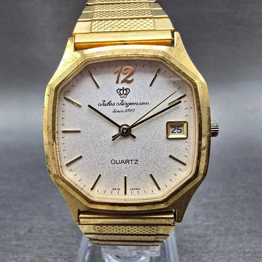Jules Jurgensen Watch Men 30mm Silver Dial Gold Tone Date READ!!!! 4529 New Batt0