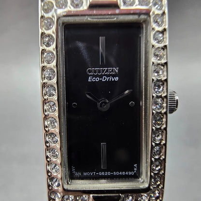 Citizen Eco-Drive Watch Women 14mm Black Dial Silver Gemmed G620-S028841 Works J1