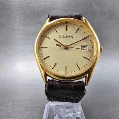 Bulova Watch Men 33mm Champagne Dial Gold Tone Date Round 97B43 New Battery5