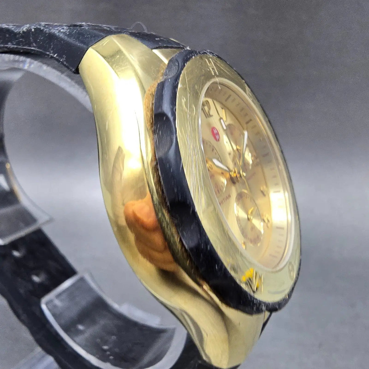 Michele Tahitian Chronograph Watch Women 40mm Black Dial Gold Date New Battery3