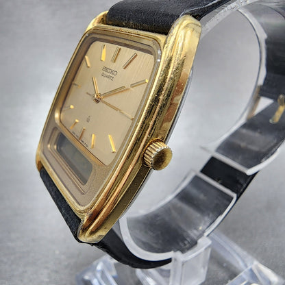 Seiko analog Digital Watch Men 30mm Champagne Dial Gold Tone H449-5060 New Batt