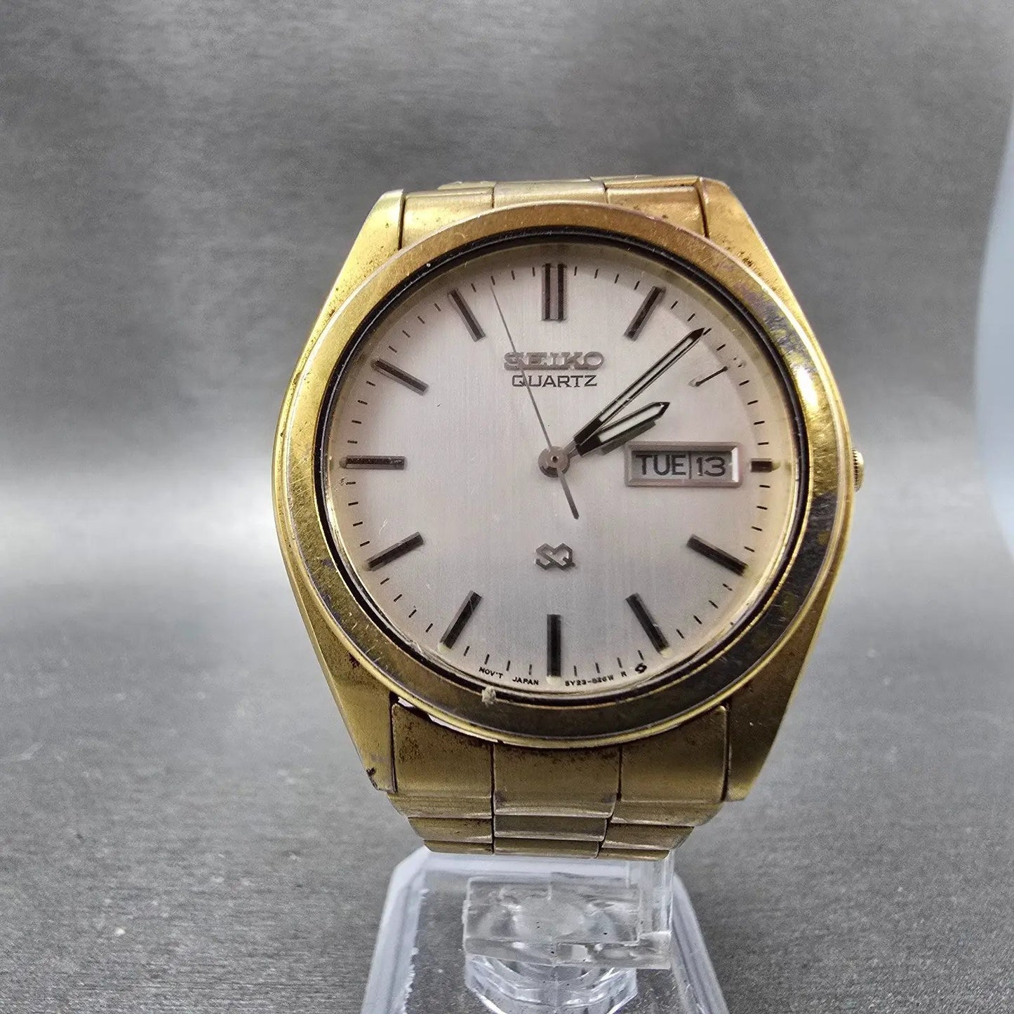 Seiko SQ Watch Men 36mm Silver Dial Gold Tone Daydate Round 5Y23-8180 PARTS VTG6