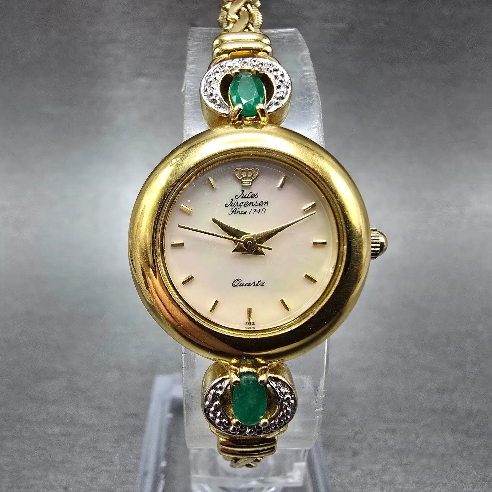 Jules Jurgenson Watch Women 22mm MOP Dial Gold Gem Set Round New Battery0
