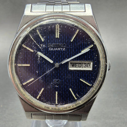 Seiko SQ Watch Men 34mm Blue Dial Silver Daydate 7123-8430 Round PARTS VTG0