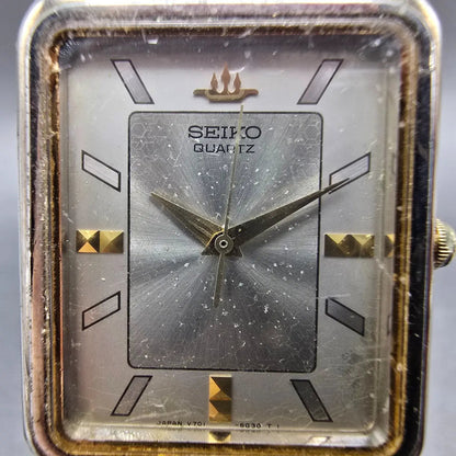 Seiko Tank Watch Men 27mm Silver Dial Two Tone Rectangle V701-5K90 PARTS Vintage2