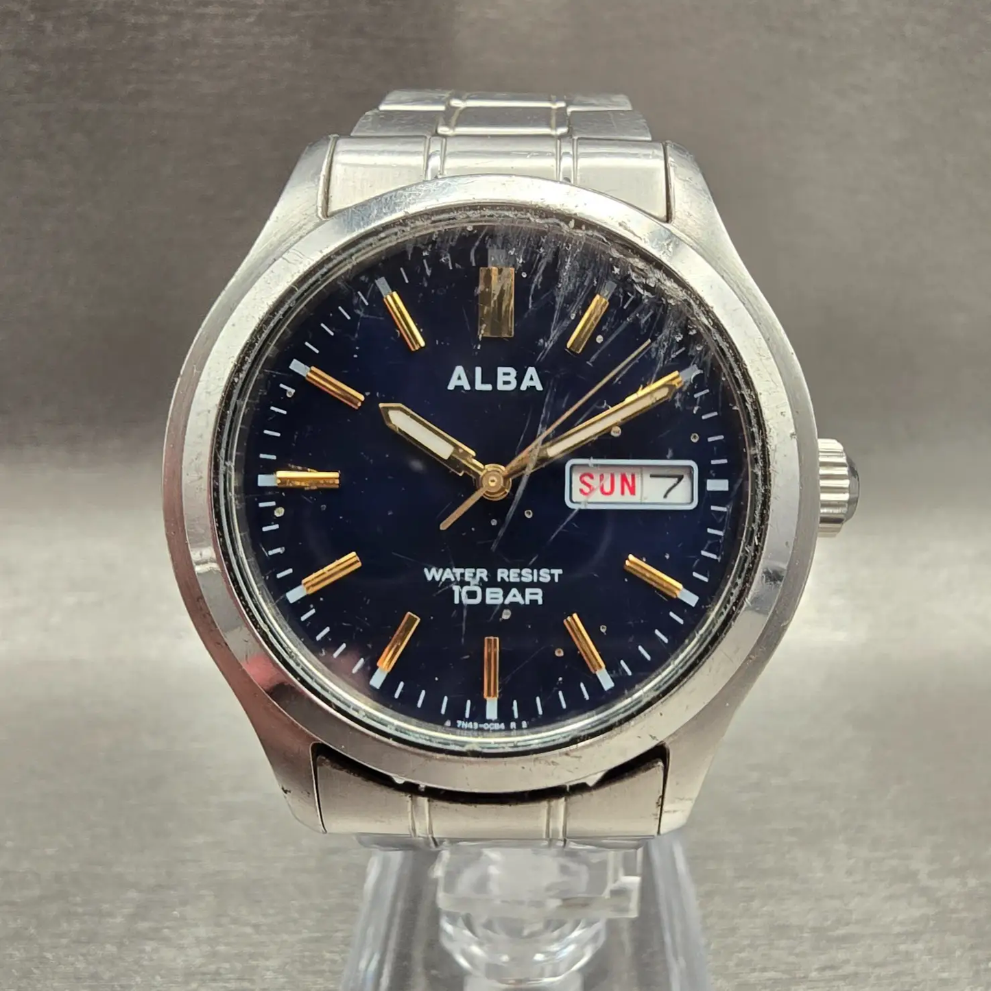 Seiko Alba Watch Men 38mm Blue Dial Silver Tone Daydate Round 7N43-0BA0 New Batt0