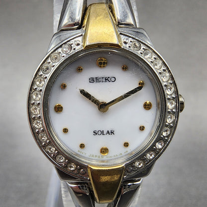Seiko Solar Watch Women 22mm MOP Dial Two Tone Crystal Bezel Round V1140AF0 Runs1