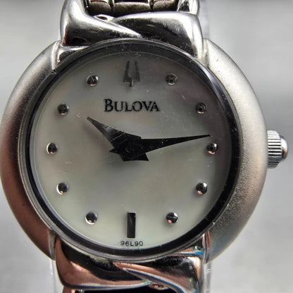 Bulova Watch Women 20mm MOP Dial Silver Tone Round 96L90 New Battery Bracelet1