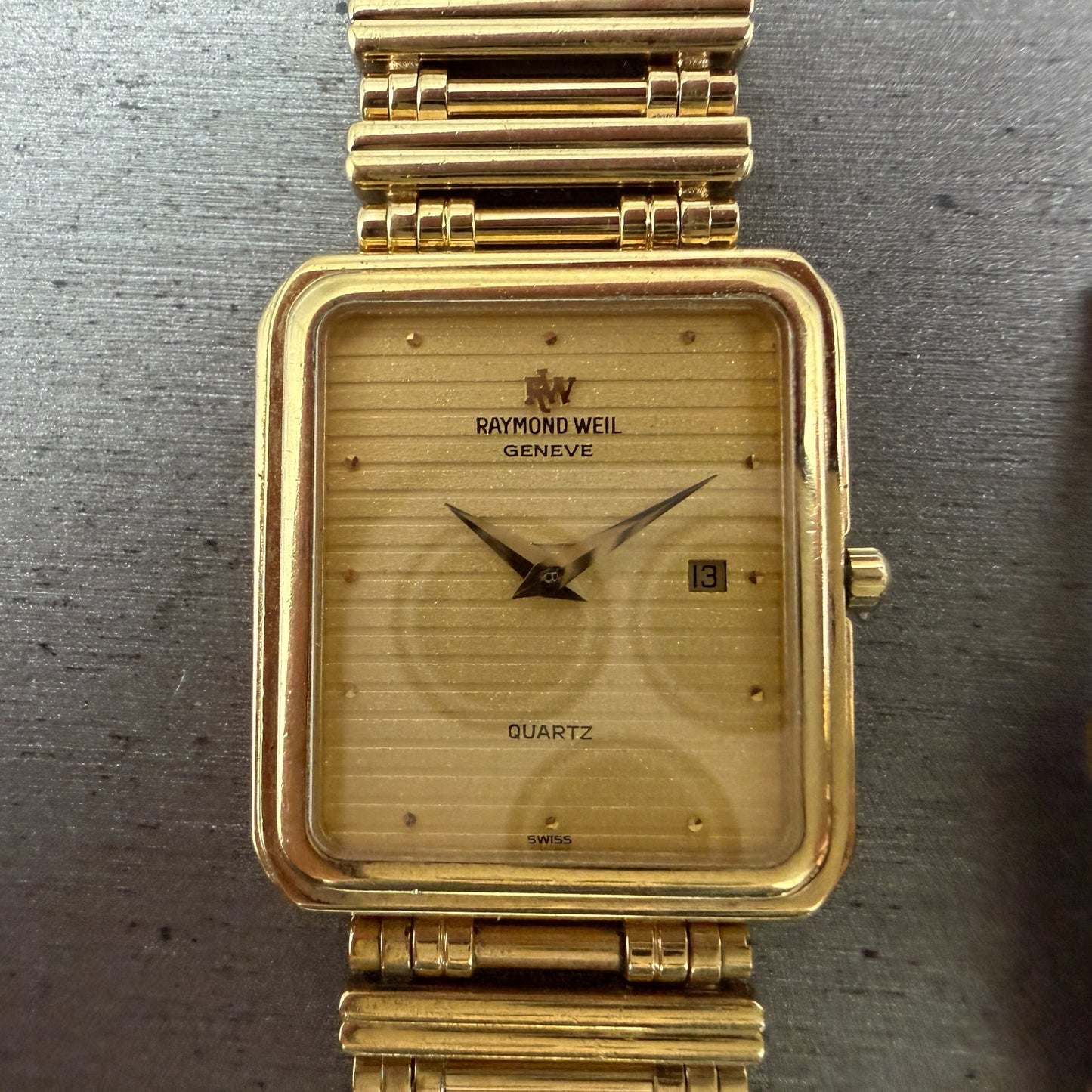 Raymond Weil Tank Watch Men 27mm Gold Dial Gold Plated Date 9983 READ!! New Batt1