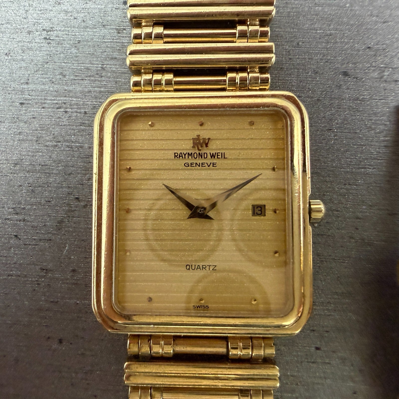 Raymond Weil Tank Watch Men 27mm Gold Dial Gold Plated Date 9983 READ!! New Batt1