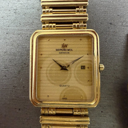 Raymond Weil Tank Watch Men 27mm Gold Dial Gold Plated Date 9983 READ!! New Batt1