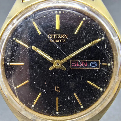 Citizen CQ Watch Men 35mm Black Dial Gold Tone Daydate READ!! 6100-S24876 NewBat1