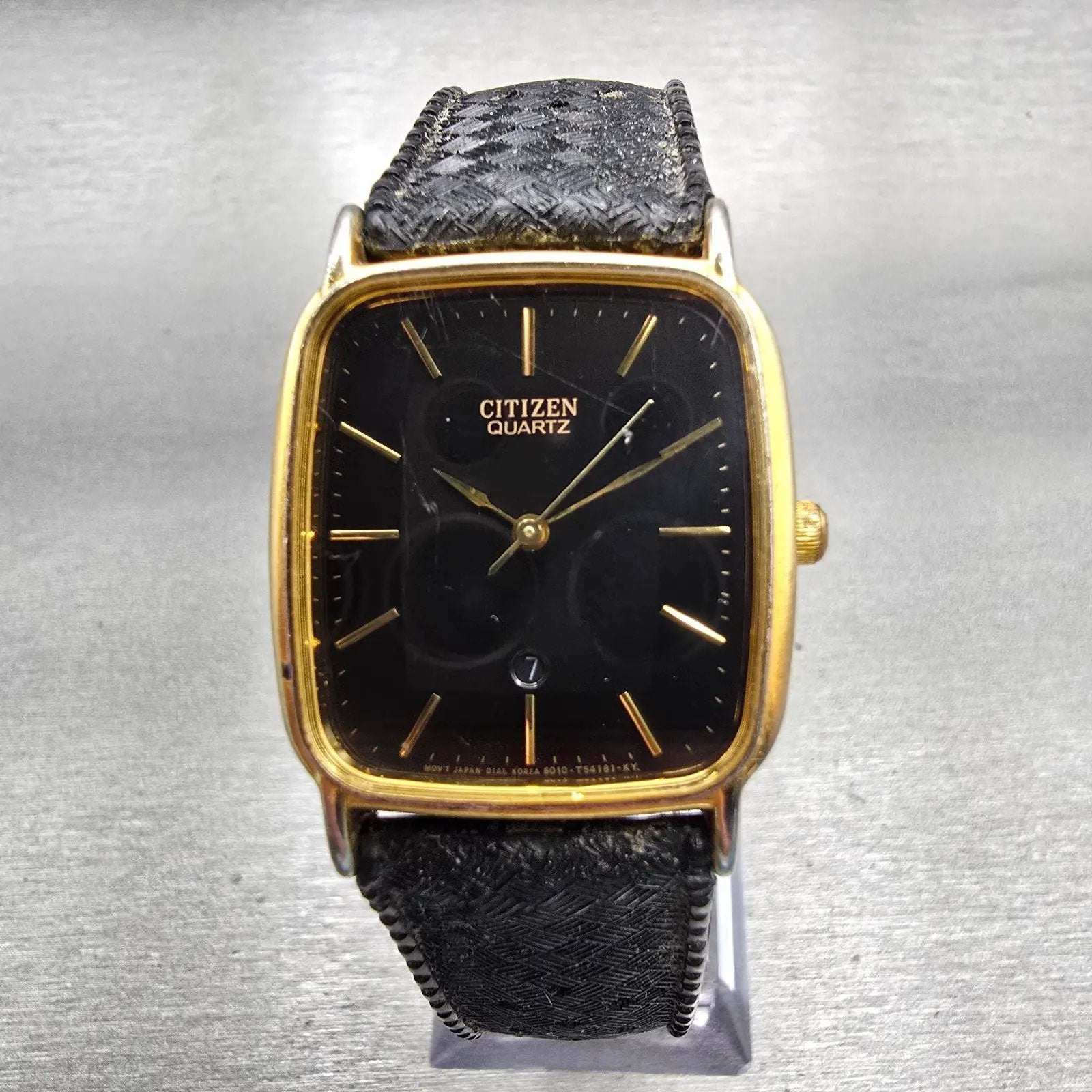 Citizen Watch Men 27mm Black Dial Gold Tone Date Rectangle 6010-K00128 New Batt0