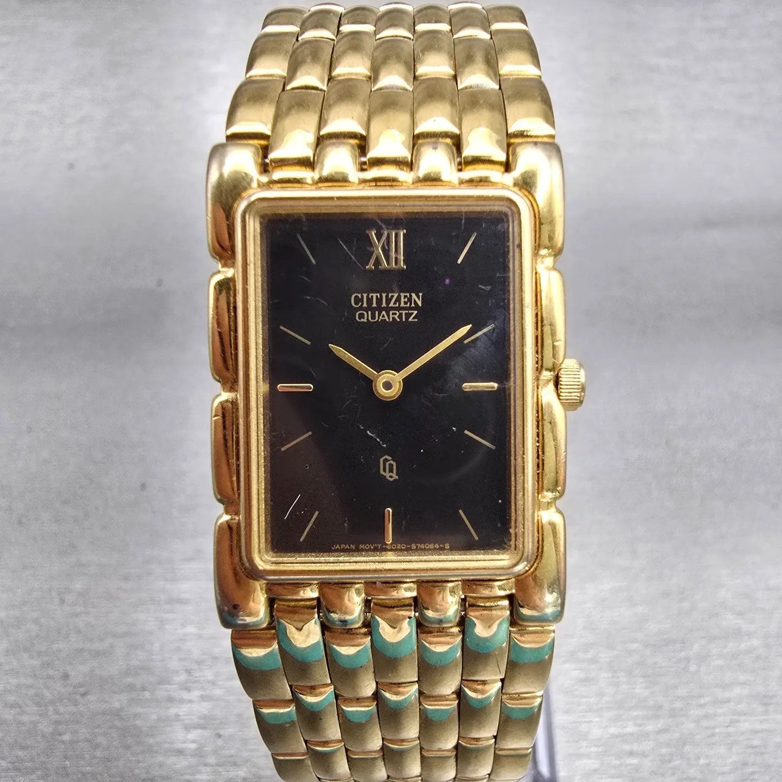 Citizen CQ Watch Men 23mm Black Dial Gold Tone Rectangle 6020-S27221 New Battery0
