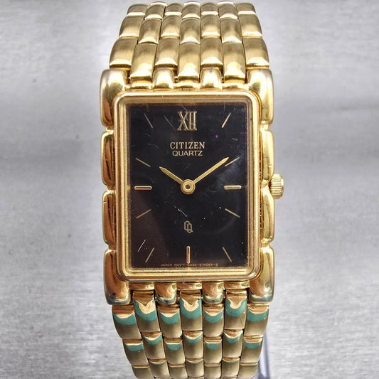Citizen CQ Watch Men 23mm Black Dial Gold Tone Rectangle 6020-S27221 New Battery0