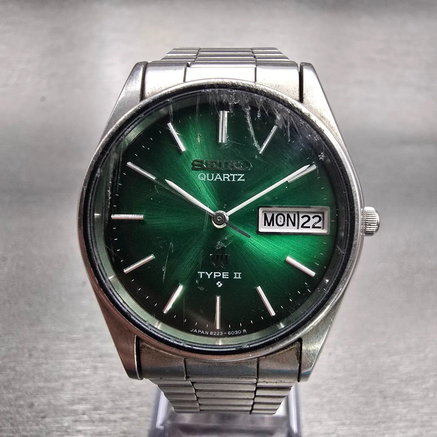 Seiko Type II Watch Men 33mm Green Dial Silver Tone Daydate 8223-6030 New Batt0