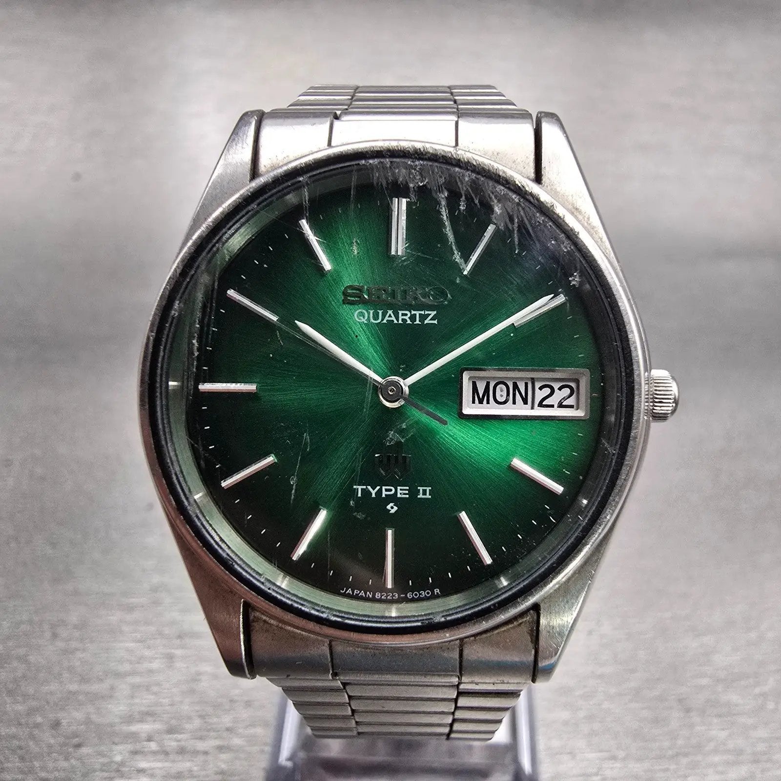 Seiko Type II Watch Men 33mm Green Dial Silver Tone Daydate 8223-6030 New Batt0