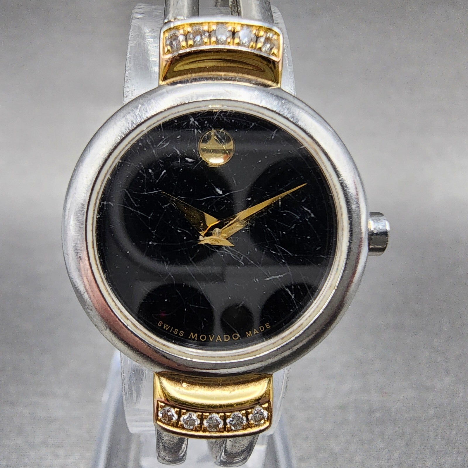 Movado Harmony Watch Women 23mm Black Dial Two Tone Diamond Bezel New Battery1