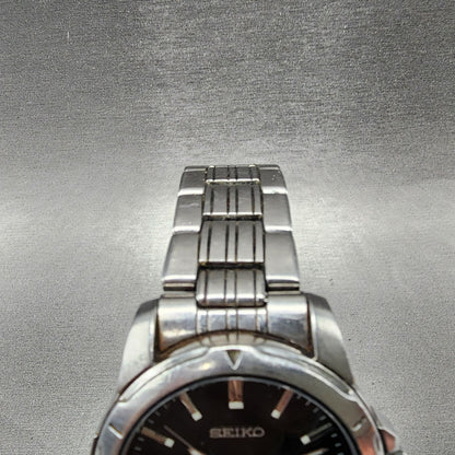 Seiko 100m Watch Men 39mm Black Dial Silver Tone Daydate Round 7n430az04