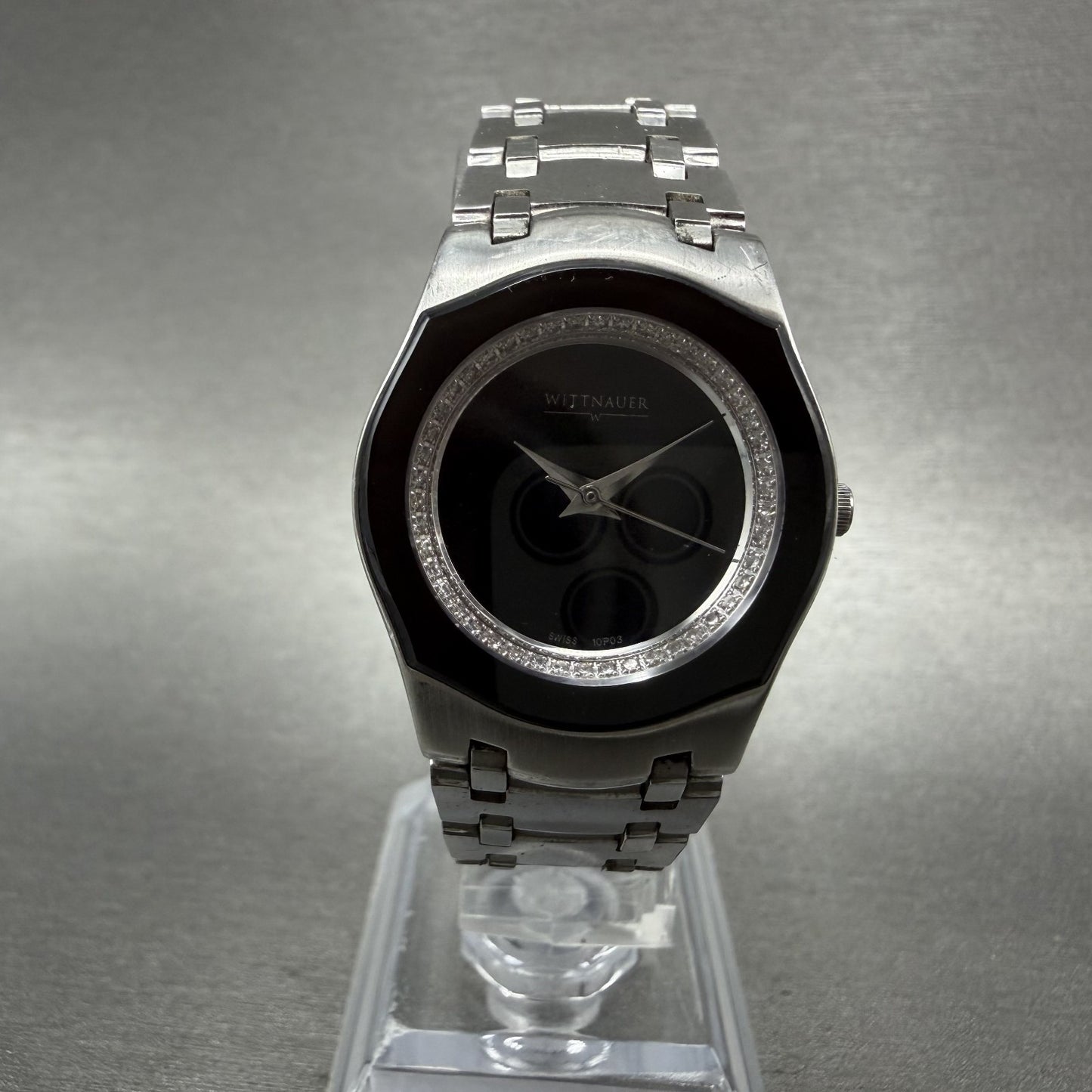 Wittnauer Watch Women 26mm Black Dial Steel Diamond Accents Round New Battery0