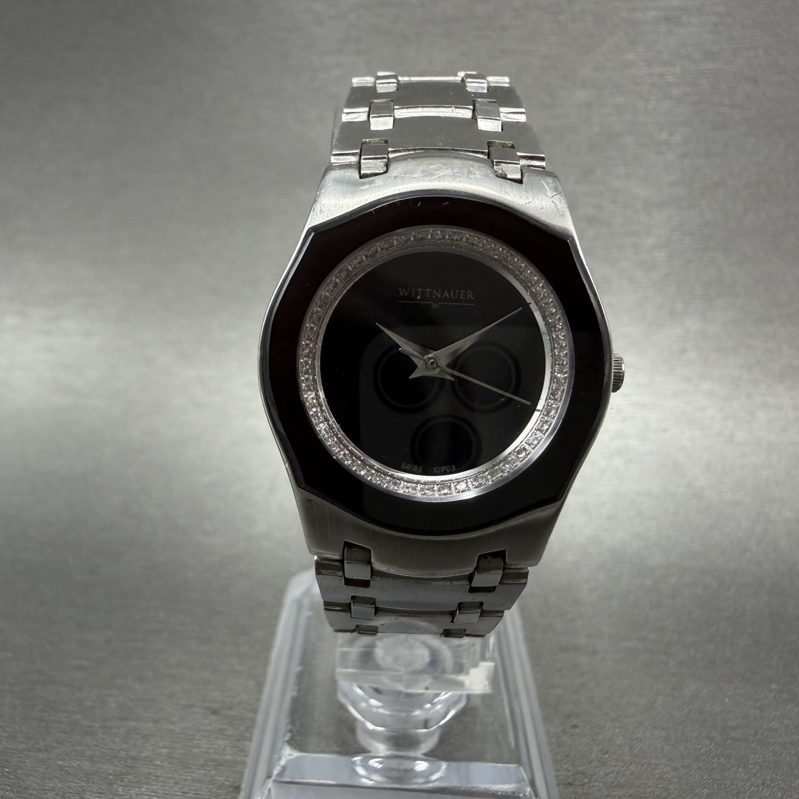 Wittnauer Watch Women 26mm Black Dial Steel Diamond Accents Round New Battery0