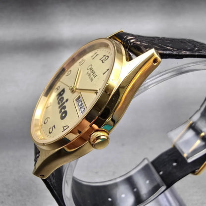 Bulova Caravelle Watch Men 33mm Gold Dial Gold Tone Daydate 42C74 New Battery2