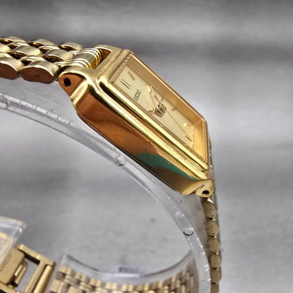 Seiko Watch Women 17mm Gold Dial Gold Tone Rectangle 1N01-5E70 New Battery VTG3