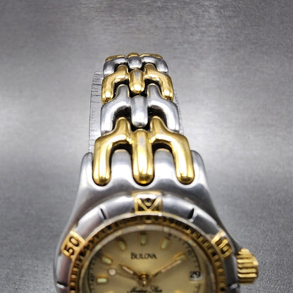 Bulova Marine Star Dive Watch Women 25mm Cream Dial Two Tone Date Round New batt4