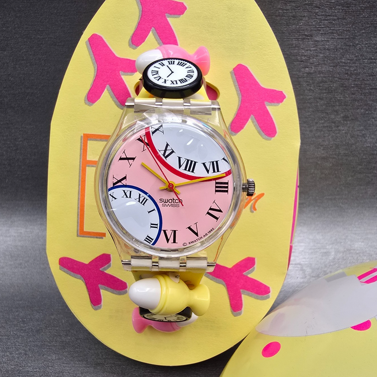 Swatch Special Eggsdream Watch Men 34mm Pink Dial Clear Case GZ128 New Batt NOS0
