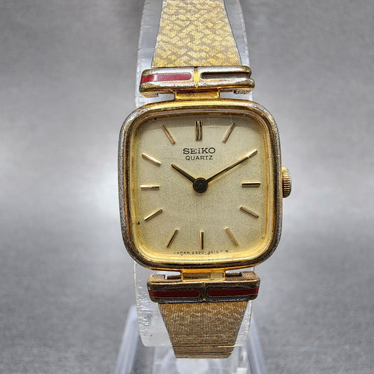 Seiko Watch Women 18mm Champagne Dial Gold Tone Rectangle 23206800 New Battery0
