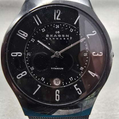 Skagen Denmark Watch Men 37mm Black Dial Titanium Date Round 233XLTMB New Batt1