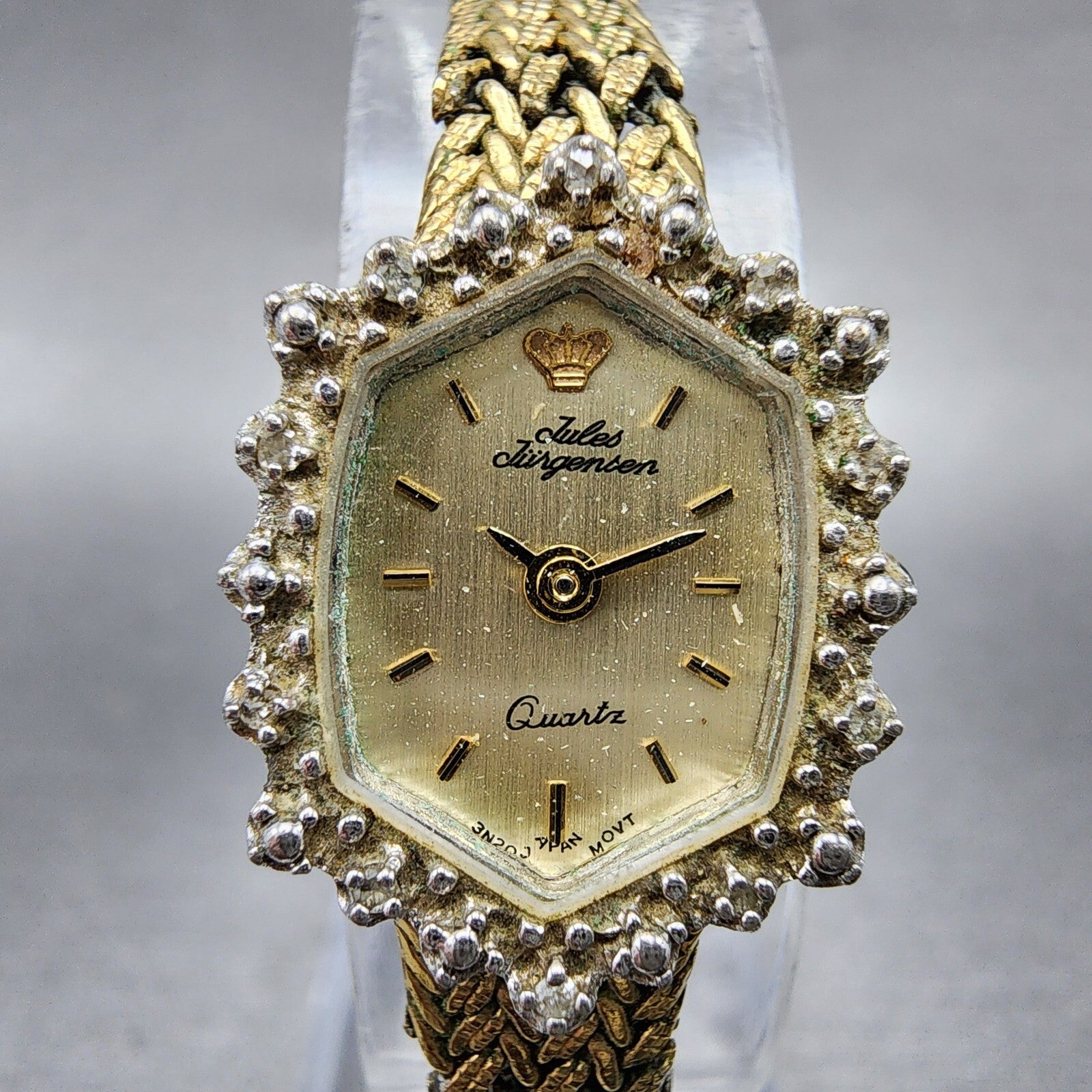 Jules Jurgenson Watch Women 15mm Gold Dial Gold Tone Hexagon Gem Set Bezel Runs1