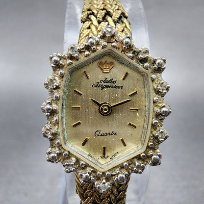 Jules Jurgenson Watch Women 15mm Gold Dial Gold Tone Hexagon Gem Set Bezel Runs1