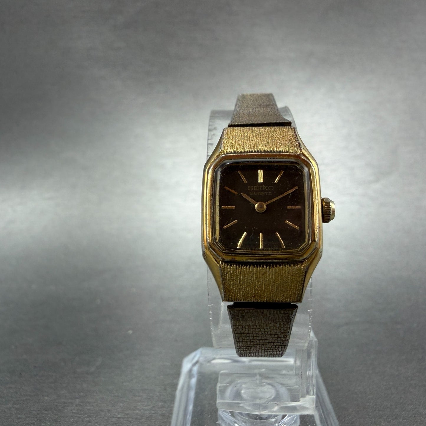 Seiko Tank Watch Women 17mm Brown Dial Gold Tone Rectangle 5420-5019 New Batt ZX5