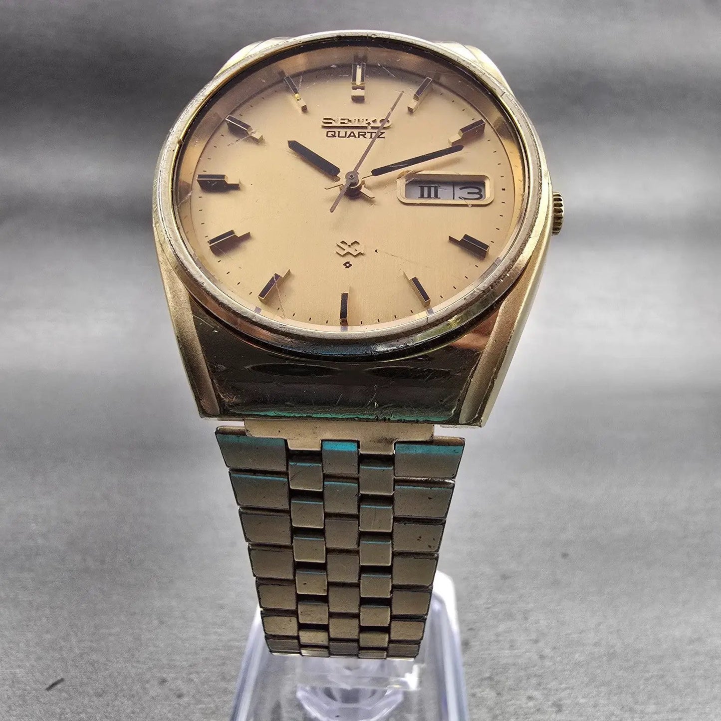 Seiko SQ Watch Men 35mm Gold Dial Gold Tone Daydate Round 7546-8320 New Battery5