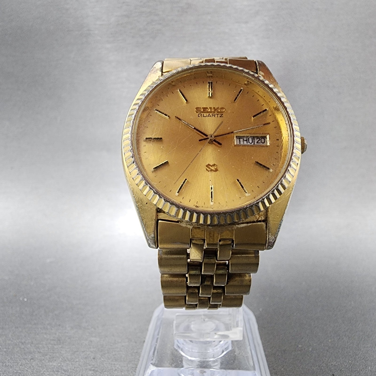 Seiko SQ Watch 37mm Men Gold Dial Gold Tone Daydate Round 5y238a68 New Battery5