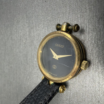 Gucci 2000L Watch Women 22mm Black Dial Gold Plated Round New Battery VTG UNIDQ2