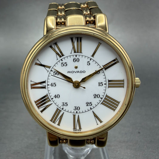 Movado Watch Men 32mm White Dial Gold Tone Round 87 59 886 New Battery0