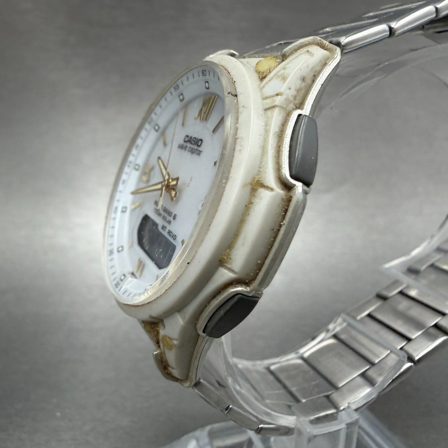 Casio Wave Ceptor Watch Men 42mm White Dial Steel Solar Analog Digital READ Runs2