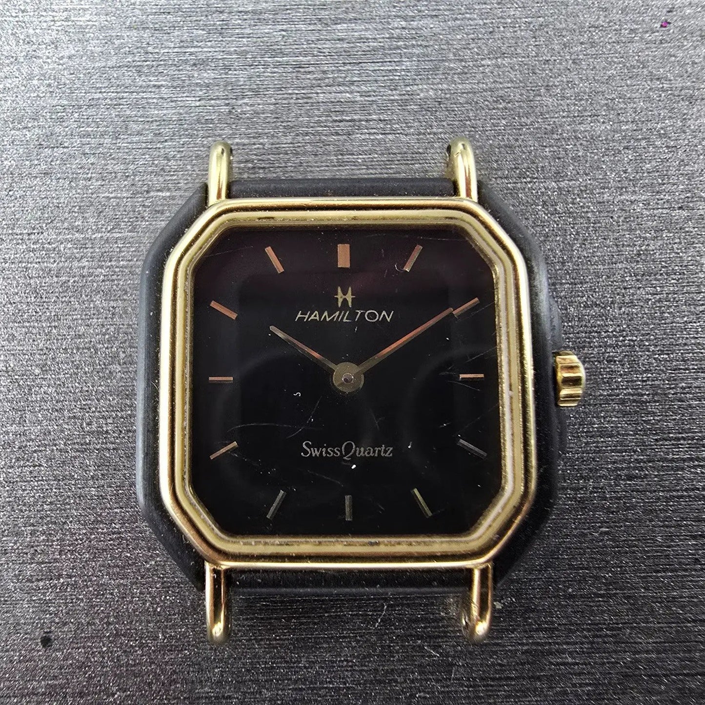 Hamilton Watch Women 22mm Black Dial Black Gold Tone Octagon VTG PARTS2