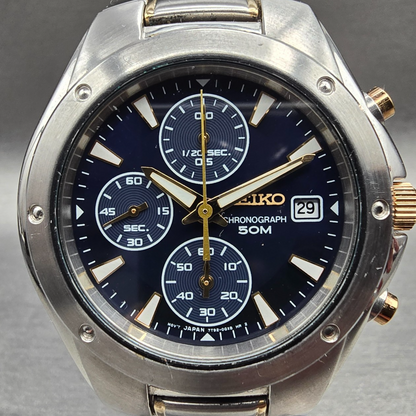 Seiko Watch Men 39mm Blue Dial Silver Tone Chrono Date Round 7T92-0FX0 New Batt1
