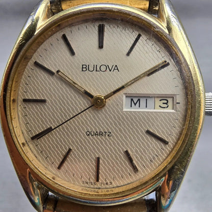 Bulova Watch Men 32mm Champagne Dial Gold Tone Daydate Round 7163 New Battery1