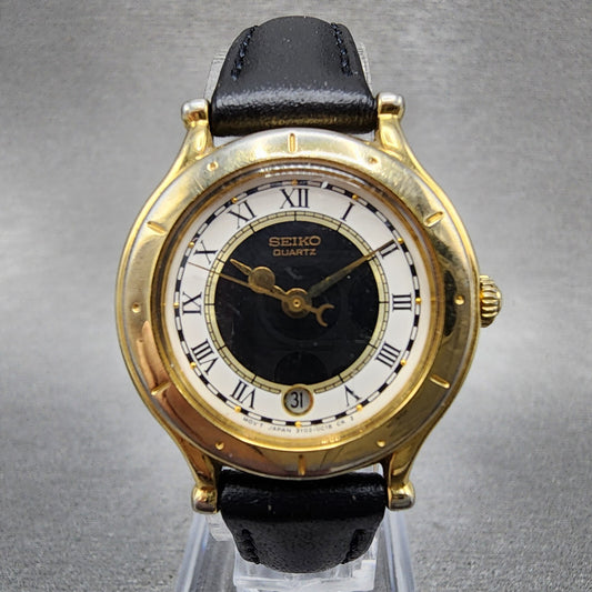 Seiko Age Of Discovery Watch Women 26mm Black Dial Gold Tone Date Round New Batt0