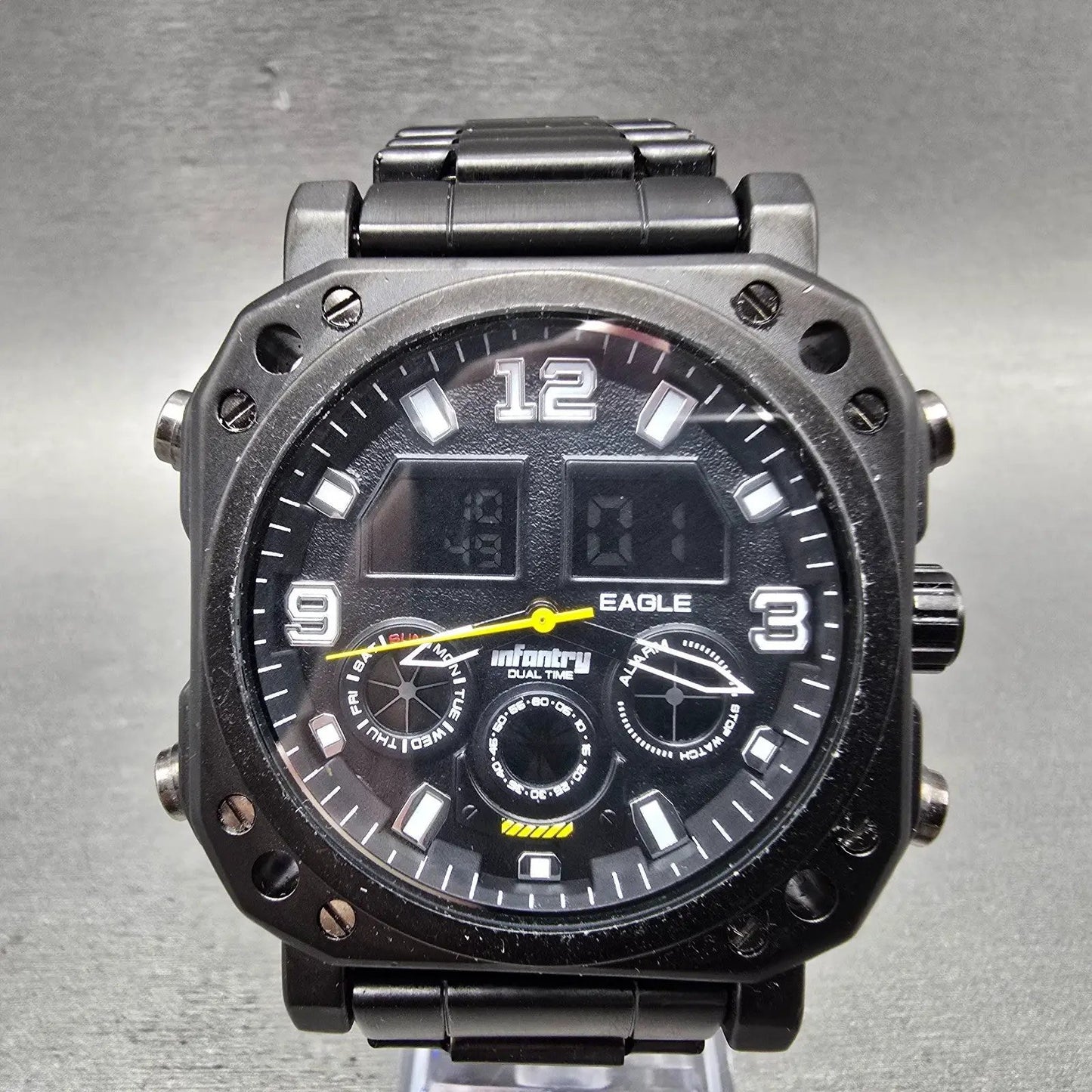 Infantry Eagle Watch Men 46mm Black Dial Black Alarm Chronograph Octagon New Bat0