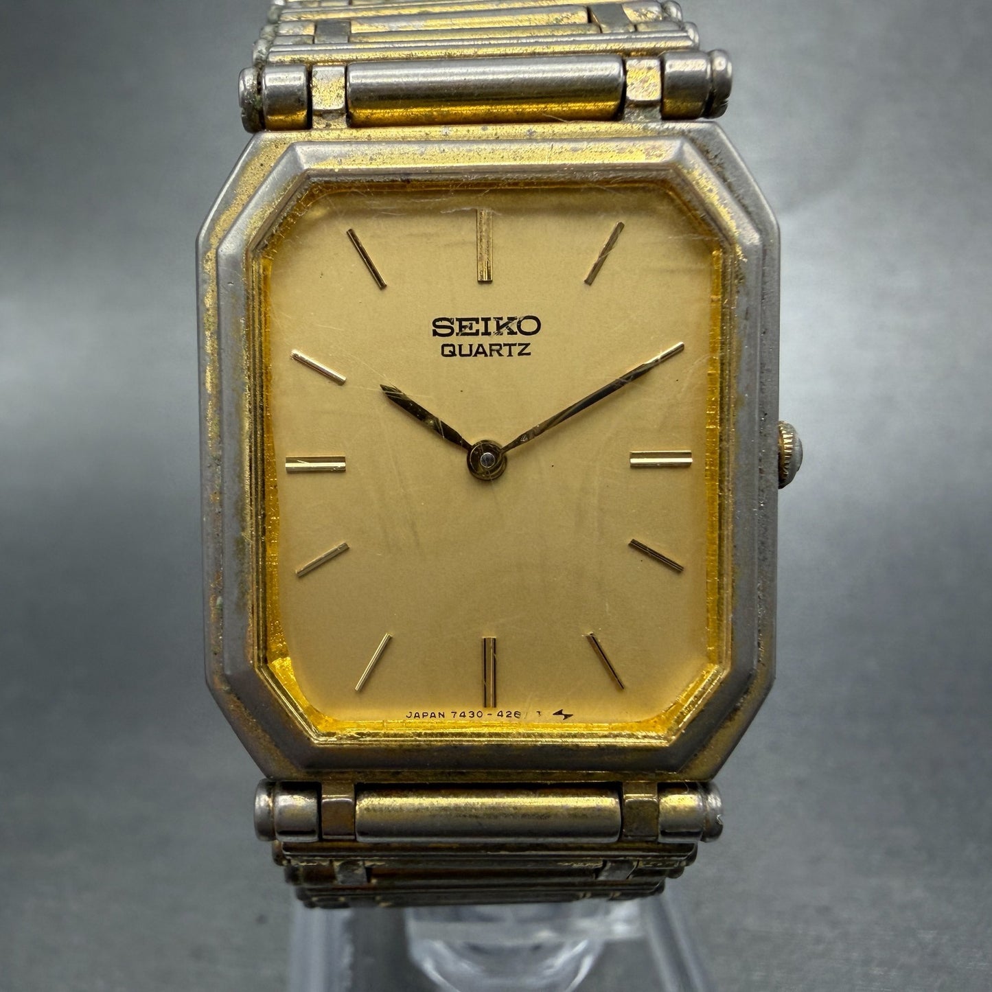 Seiko Tank Watch Men 25mm Champagne Dial Gold Tone 7430-5819 New Battery Vintage0